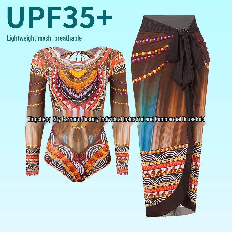 Women's Two-Piece Long-Sleeve Mesh Swimsuit with Sun Protection & Skirt