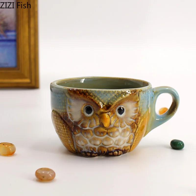 Painted Owl Mug Ceramic Cups Afternoon Tea Teacup Milk Fruit Juice Container Cartoon Owl Relief Coffee Cup Mugs with Lid
