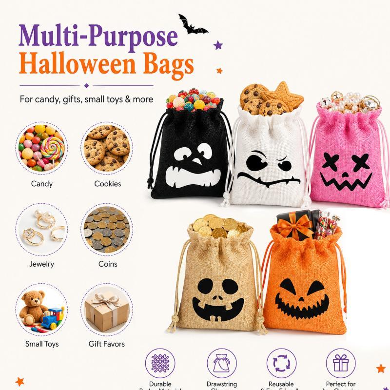 1/5Pcs Halloween Drawstring Treat Bags Pumpkin Ghost Print Portable Candy Storage Pouches for Holiday Party Gift Giving
