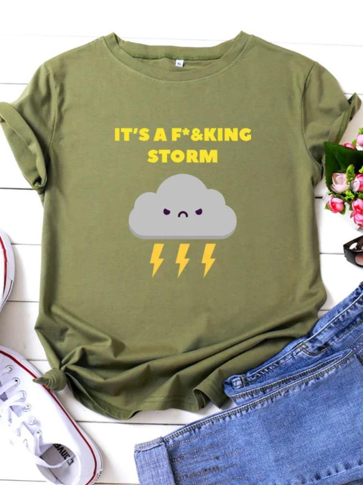 IT'S A STORM Dark Clouds Print Women T Shirt Short Sleeve O Neck Loose Women Tshirt Ladies Tee Shirt Tops Camisetas Mujer