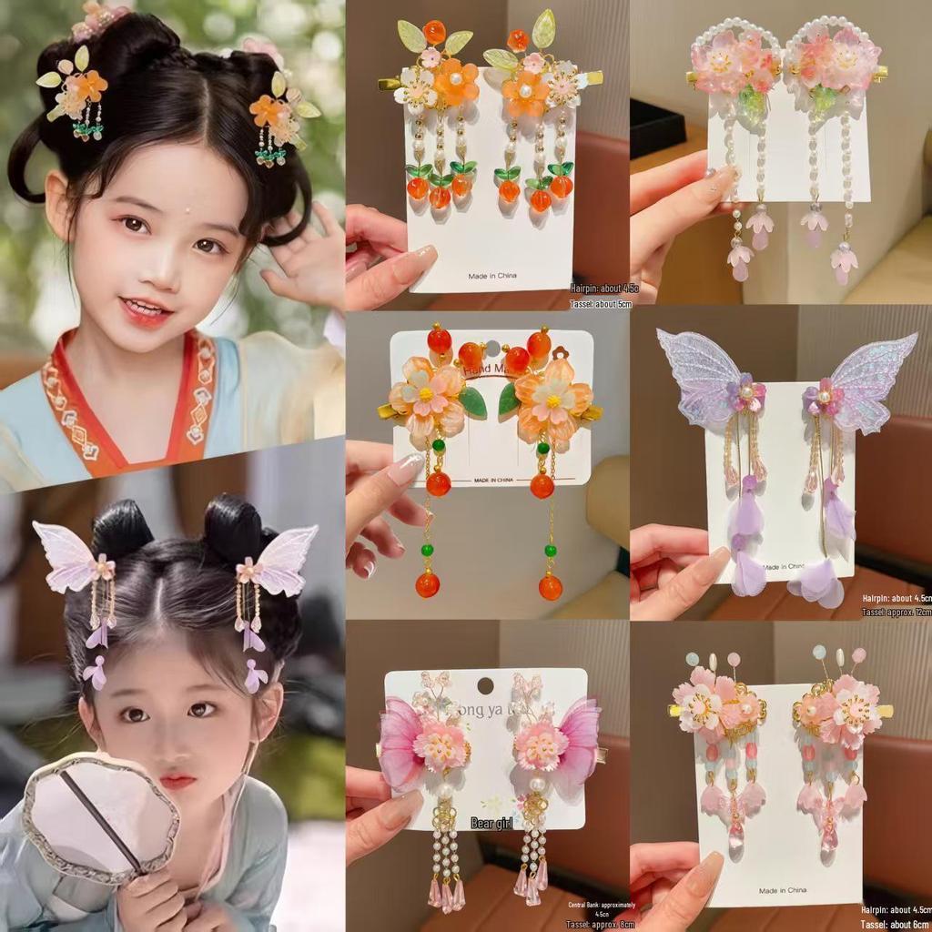 Children's Traditional Hanfu Headdress Hair Clips with Tassels - Handmade Pair for Girls