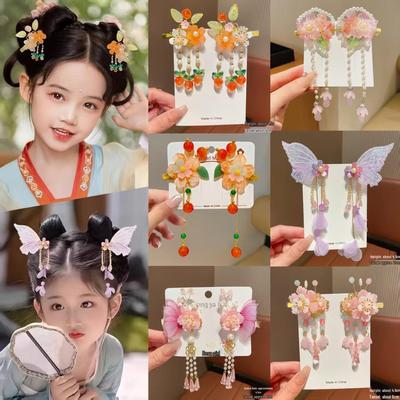 Children's Traditional Hanfu Headdress Hair Clips with Tassels - Handmade Pair for Girls
