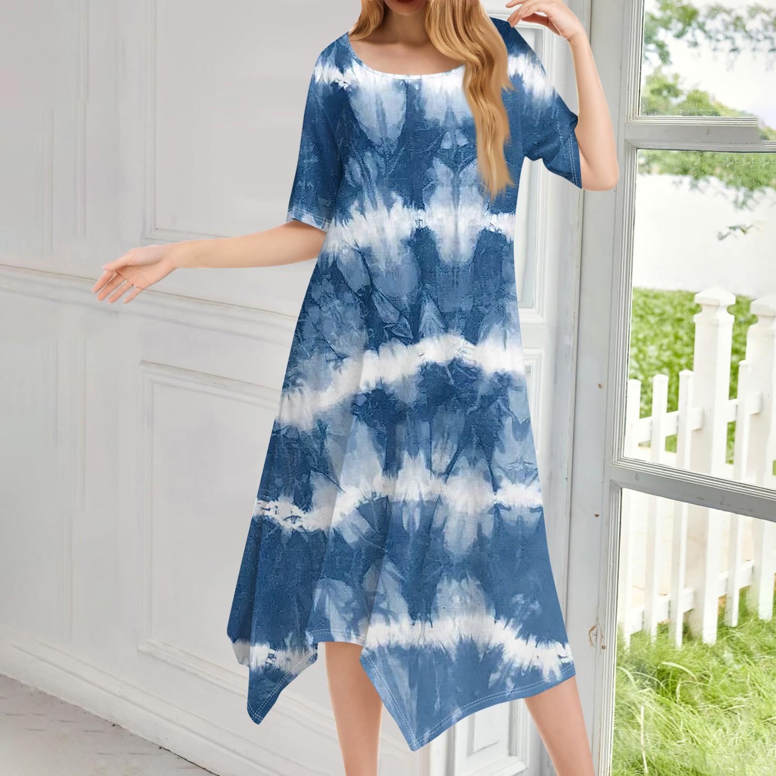 

Женское повседневное модное платье миди с круглым вырезом и коротким рукавом с принтом и неровным подолом L синий