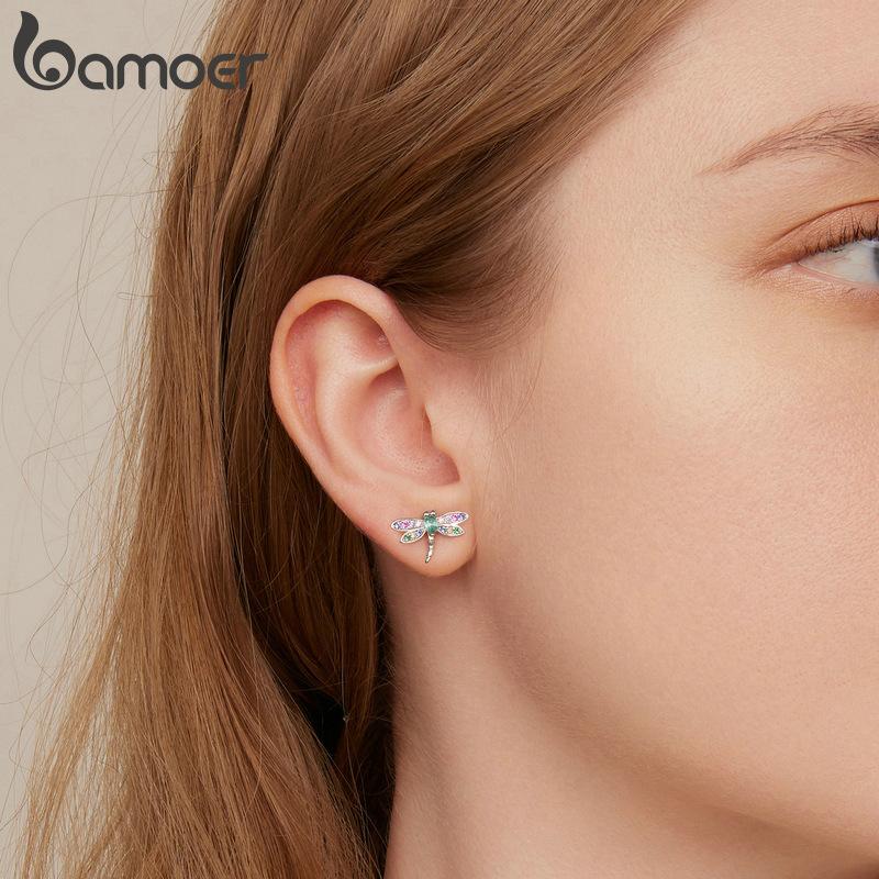 Bamoer 925 Sterling Silber Libellen Ohrstecker Insekten Ohrringe für Damen Bunter Zirkon Feiner Schmuck BSE795