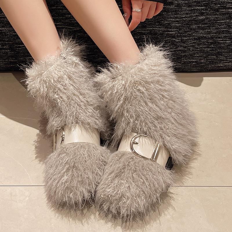 

Меховые балетки женские зимние ботильоны короткие плюшевые дизайнерские хлопковые туфли с пряжкой новый бренд 2025 года тренд теплые уютные зимние ботинки женские 40 серый