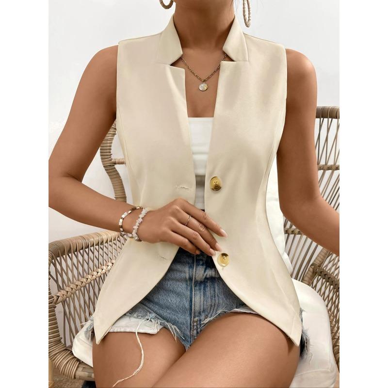 Women V Neck Sleeveless Blazer Vest with Padded Bust Single Breasted Slim Fit Casual Office Waistcoat