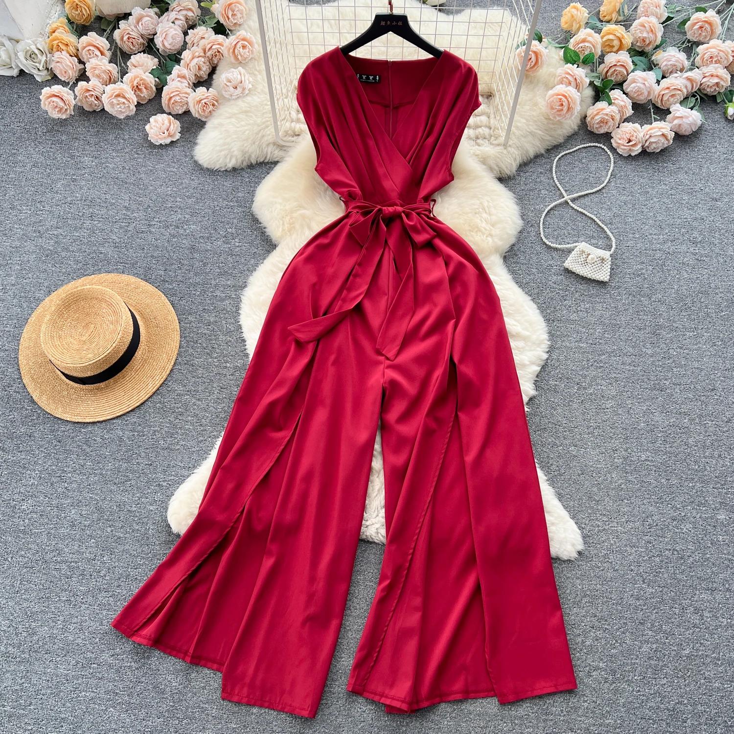 

Летний женский комбинезон Vintgae с широкими штанинами, женский элегантный v-образный вырез без рукавов с высокой талией, тонкий повседневный бандажный комбинезон, новая мода One Size вино красного