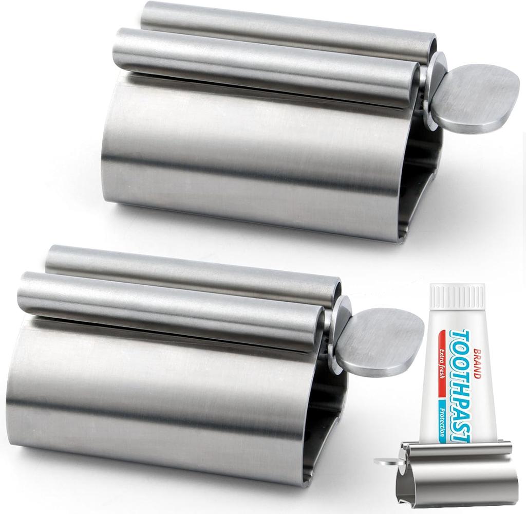 Toothpaste Tube Squeezer Dispenser, 2PCS Toothpaste Roller Squeezer Tool Metal Tooth Paste Holder for Bathroom, Silver