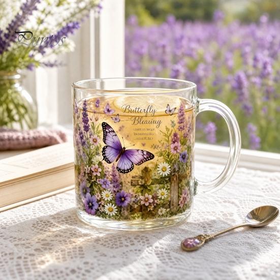 Blumenmuster Glasbecher Morgen-Teetasse, Kolibri-Blumenbecher mit Goldrand, Natur-Motiv Glasware für Kaffee Saft Wein Heiß Kalt