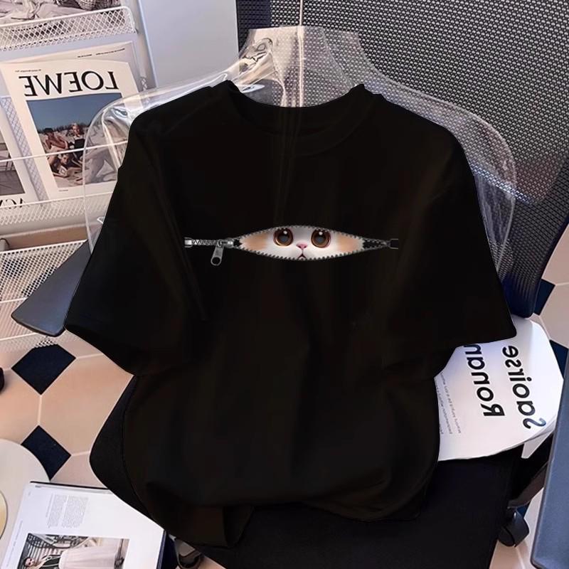 Women's 2026 Summer Loose Fit Korean-Style Printed Round Neck Mid-Length T-Shirt