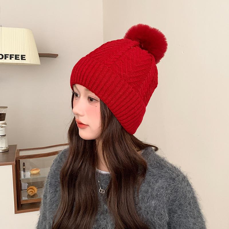 Plus Velvet Warm Ear Protection Windproof Woolen Hat Women's Autumn and Winter Solid Color Versatile Cold Hat Cold Proof Wool Ball Knitted Hat