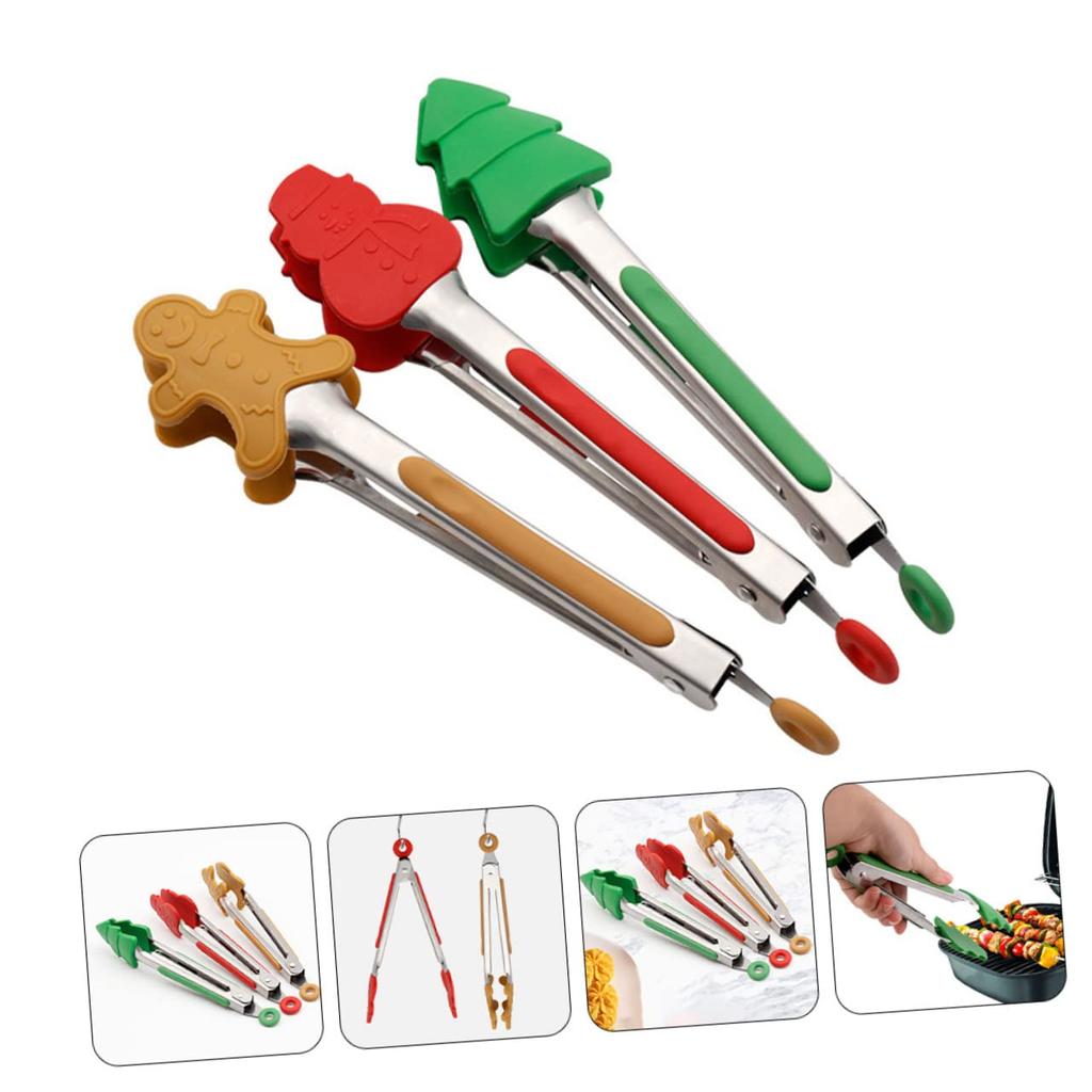 New Portable Christmas Food Tongs Grip Serving Gingerbread Man Tree Nonstick Tip Reusable Bacon Silicone Tongs Meat Server 6 Pcs