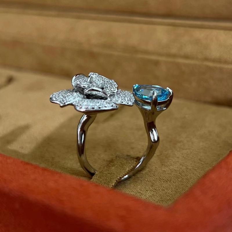 Luoxi Temple 2024 Camellia Ring: 925 Silver with 7x10mm Aquamarine Ice Flower Cut