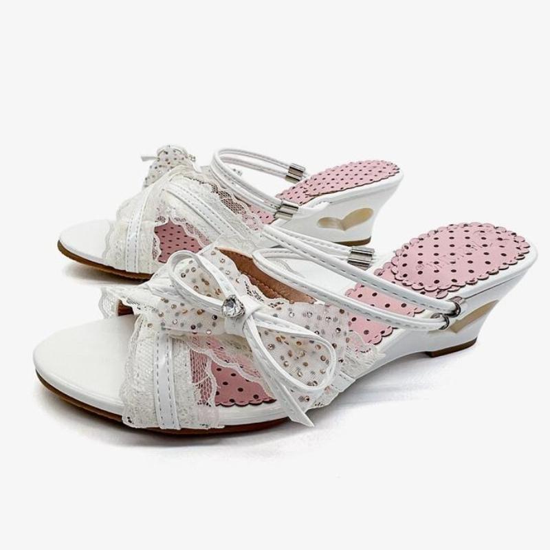 

Fashion Sweet Lace Bow Heart Wedges Slippers Women Luxury Rhinestone Cross Tied Brand Designer Shoes Fashion Cozy Open Toe Slide Sandals 39 белый