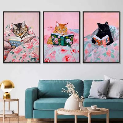 Lustige getigerte Katze liest Bücher Kunstposter Vintage Niedliche Tiere Wand Leinwand Malerei Buchliebhaber Haustier Geschenk Dekoration Bilder Druck