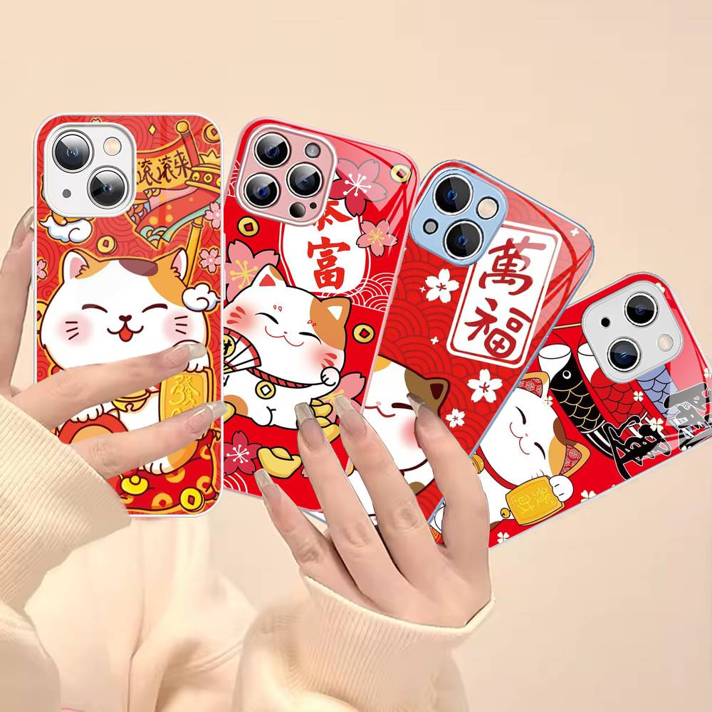 Maneki Neko Lucky Money Cat Tempered Glass For Iphone 14 13 12 11 Pro Mini XS MAX 14Plus X XS XR Cover