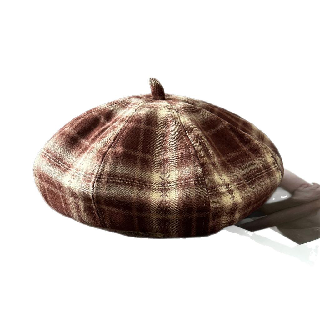 Plaid Beret Children'S Season Big Head Circumference Showing Face Small Pumpkin Hat Retro Literary Temperament Painter Hat