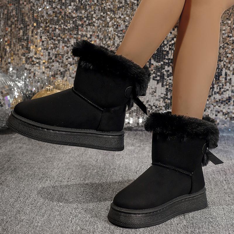Fashionable Bow Round Toe Elegant Snow Boots Winter Flat Soft Students Plus Velvet Warm Women's Shoes