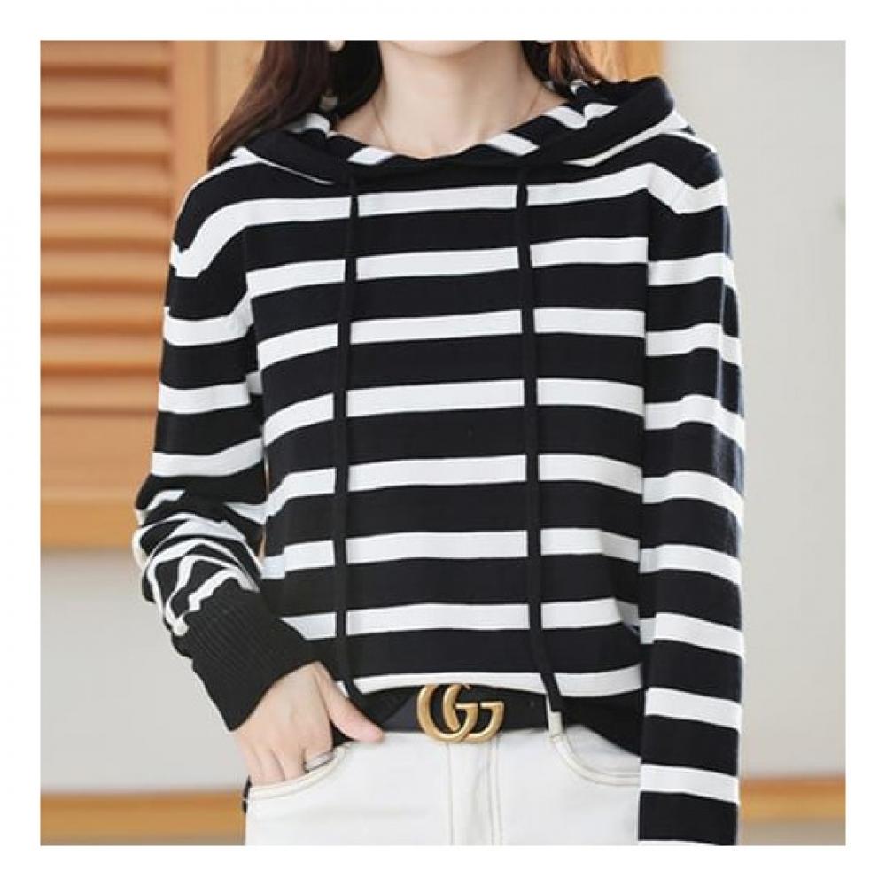 Navava Casual Stripe Long Sleeve Hooded Knit Nk1937