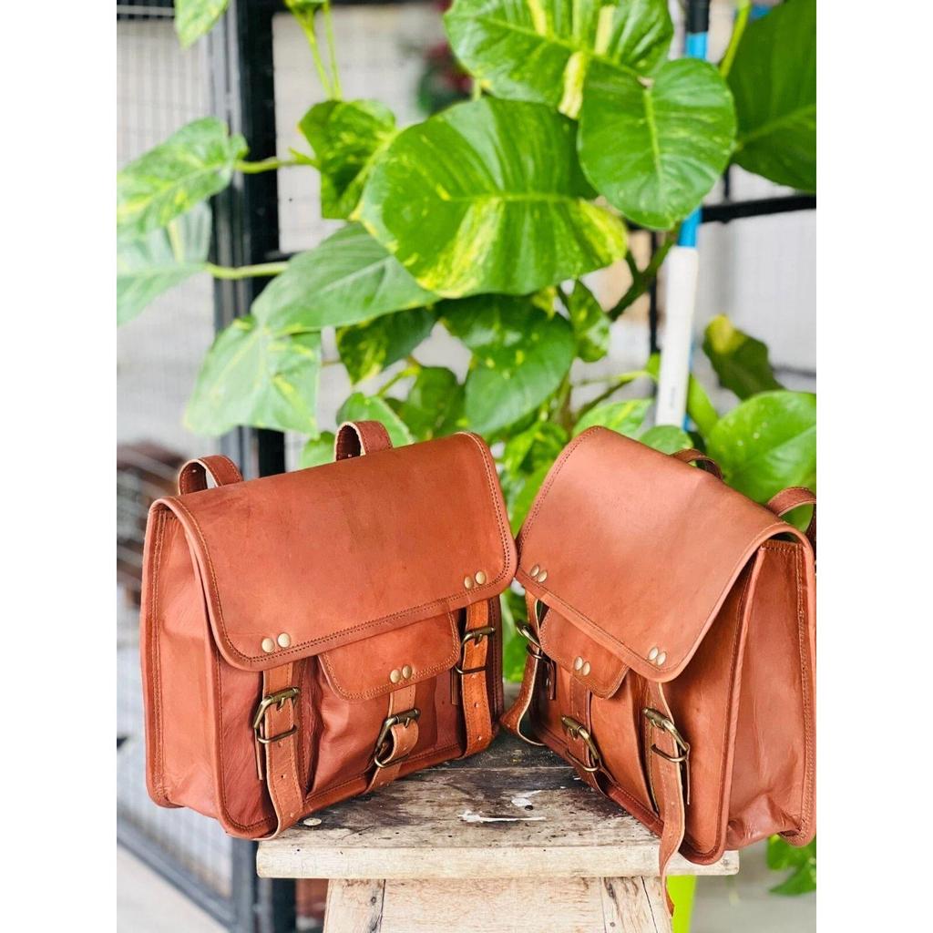 Leather Motorcycle Saddle  Vintage Goat Bag Panniers Two Genuine Bags Real