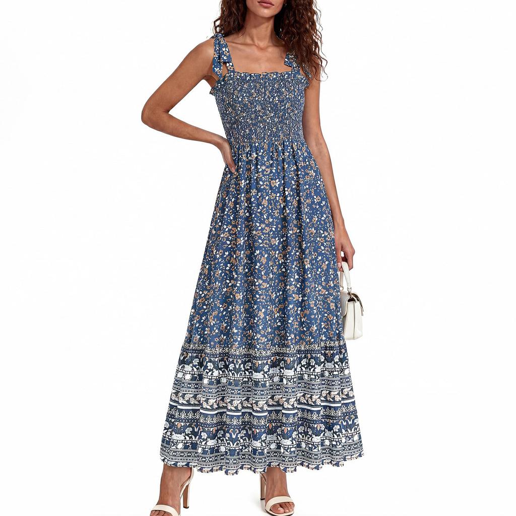 Women's Sleeveless Printed Strap Dress Smocked Waist Maxi Dress Lightweight Bohemian Style Summer Dress with Adjustable Shoulder Ties