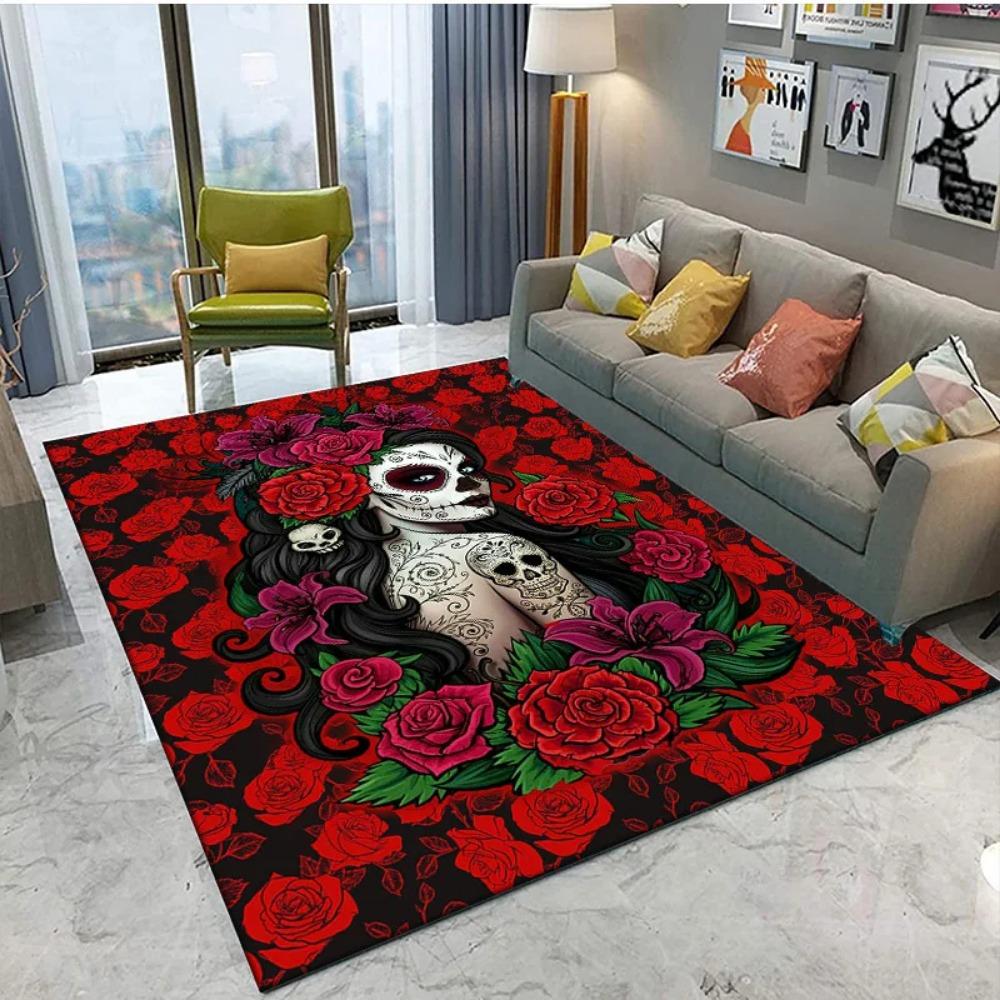 Gothic Skull Rose Girl Mat - Halloween Non-Slip Rug for Living Room, Bedroom & Kitchen, Machine Washable Home Decor Carpet