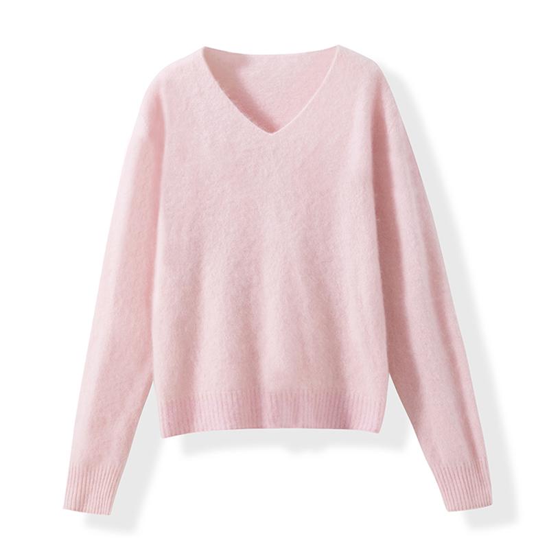Seamless Wool-Cashmere Brushed V-Neck/Round Neck Pink Knit Base Layer Sweater