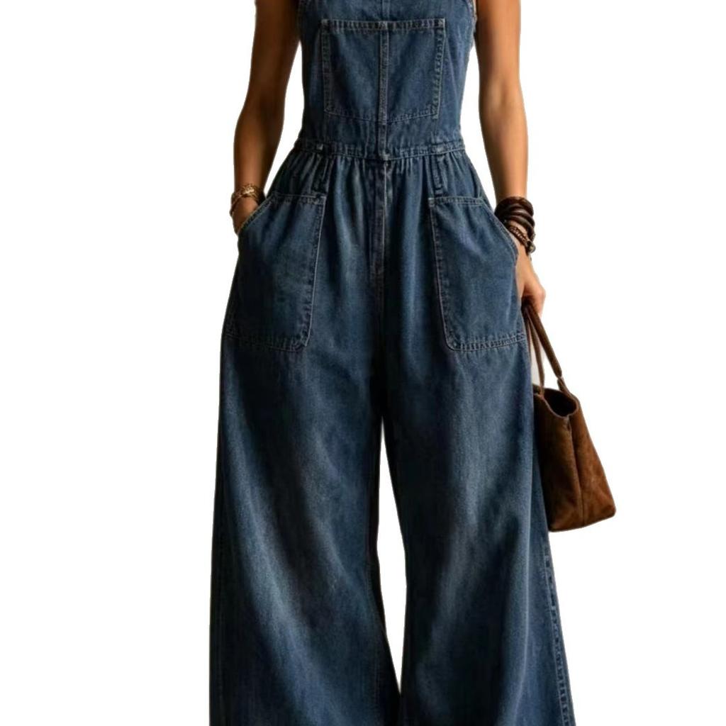Tuta di jeans a gamba larga da donna, salopette con pettorina larga, bretelle regolabili, vestibilità casual larga, pantaloni lunghi con tasca