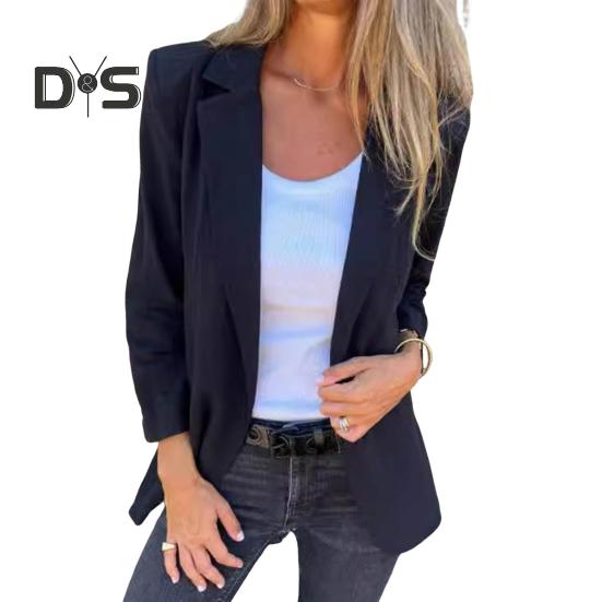 

Женский пиджак с лацканами, длинный рукав, однобортный пиджак, однотонный, свободный крой, повседневная деловая верхняя одежда M чёрный
