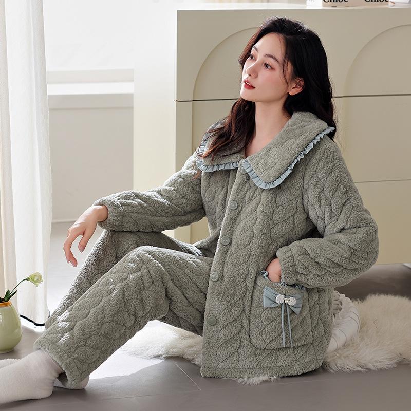 Coral Fleece Three-Layer Padded Pajamas Women'S Autumn And Winter Thickened Warm Padded Jacket Loungewear Set