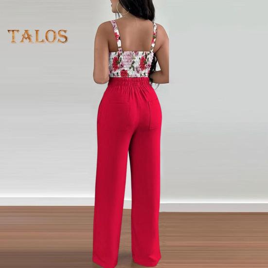 Καλοκαιρινά ρούχα δύο τεμαχίων για γυναίκες, αμάνικο παντελόνι με φαρδιά μπατζάκια και V λαιμόκοψη, καλοκαιρινό, casual, ασορτί κοστούμι με φλοράλ print