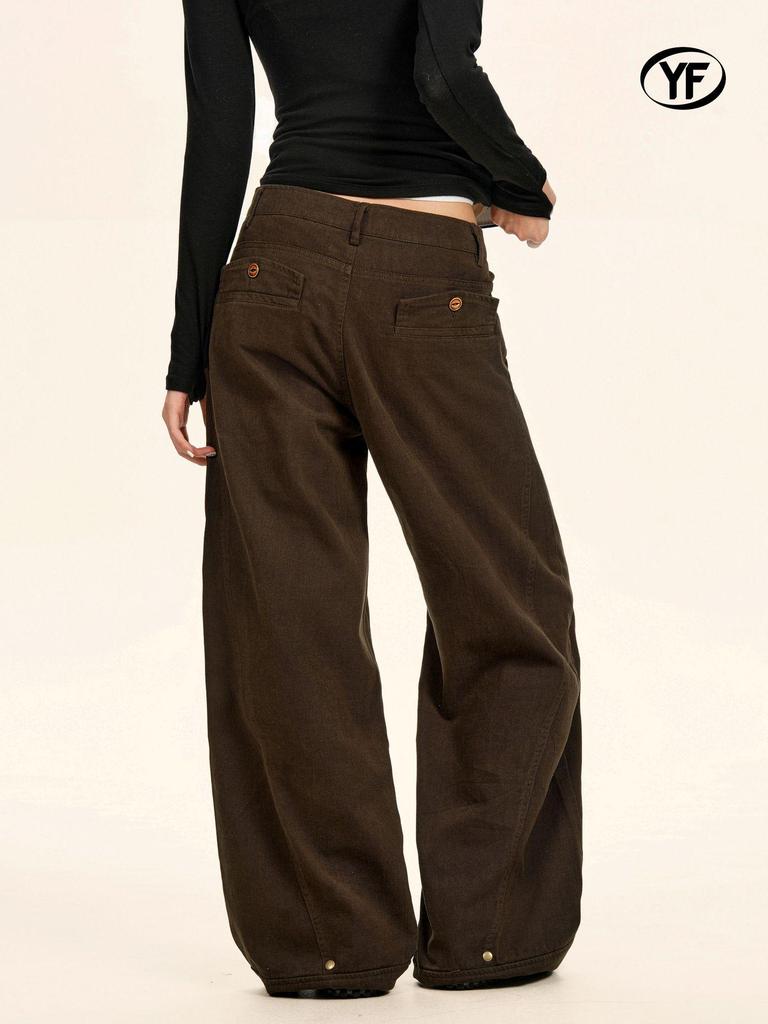 Yongfang Unisex Retro Wide-Leg Work Pants with Button Pocket Design
