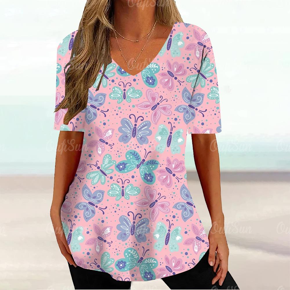Floral Ladies V-Neck T-Shirt Summer Outdoor Fashion Short Sleeve Top 3D Printing OverSize Ladies Clothing Casual T-Shirt