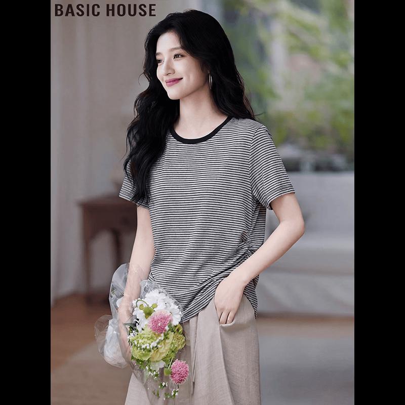 Basic House Women s Striped Round Neck Short Sleeve T-Shirt One Size