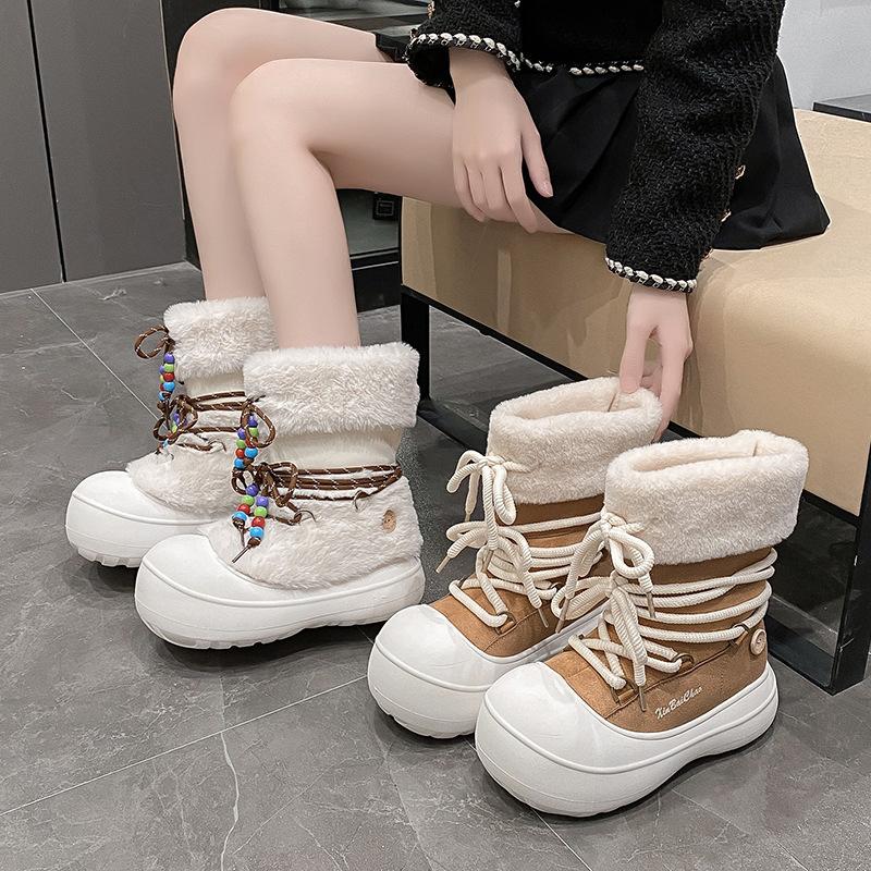 Snow boots women's 2025 new winter star same medium boots, plush warm lace-up big head fluffy boots