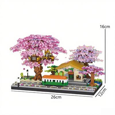 Cherry Blossom Treehouse Train Micro Mini Block Piece Series – Children's Building Blocks Toy with Springtime Sakura Park Vibes