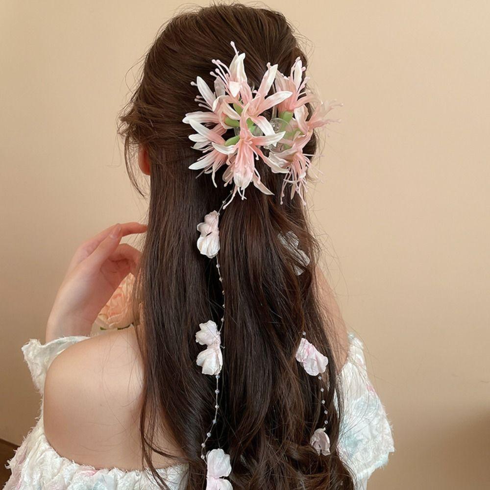 Sweet Flower Tassel Hair Claw Elegant Bridal Headwear Flower Hair Shark Clip  Hair Accessories