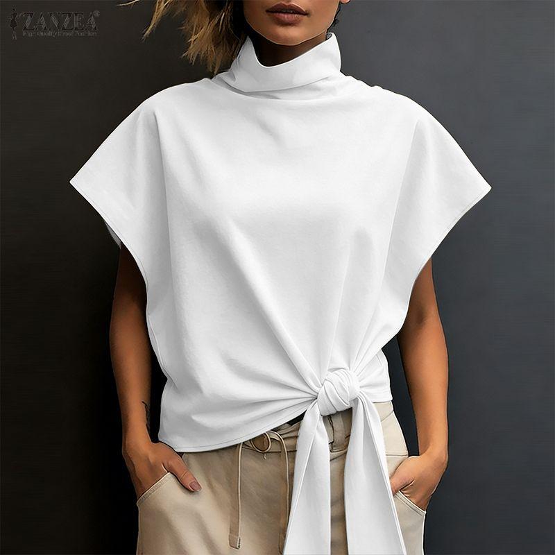 ZANZEA Women Casual Turtleneck Summer Short Sleeve Blouse