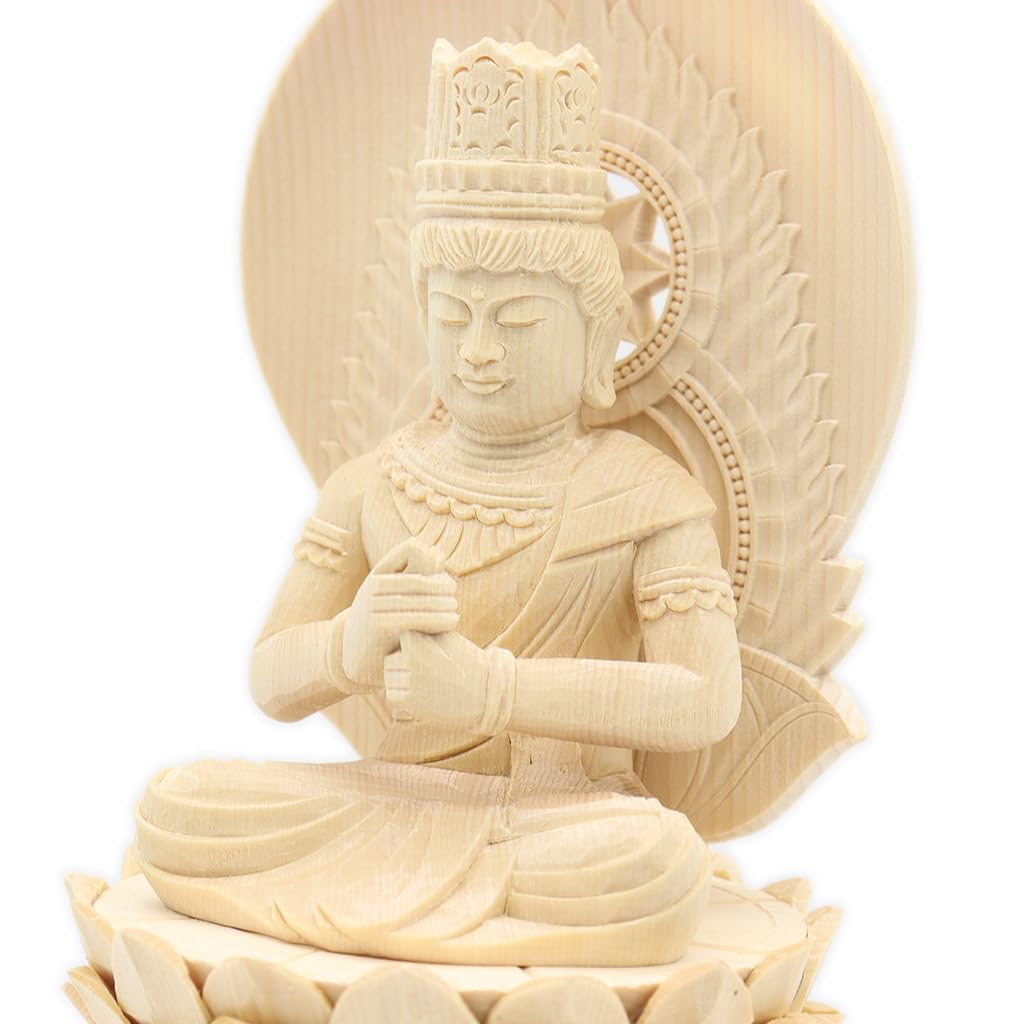 special Buddhist statue Dainichi Nyorai seated statue inches height 23 width depth carved Japanese cypress wood with a sun halo and hexagonal base