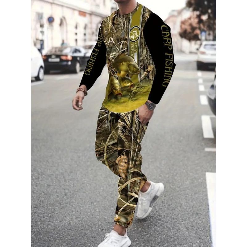 Herren Set 3D Karpfenangeln Druck Langarm Sportbekleidung T-Shirt+Hose 2-teiliges Set O-Ausschnitt Sweatshirt Jogginghose Sportbekleidung 2-teilige Anzüge