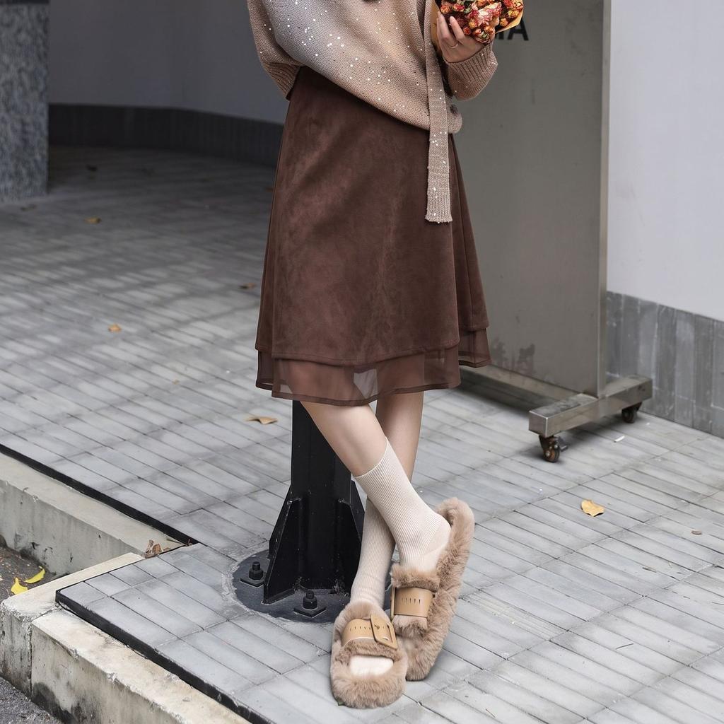 Women's Faux Suede A-Line Midi Skirt – Stylish, Versatile, Solid-Color Early Autumn Essential for Daily Commuting