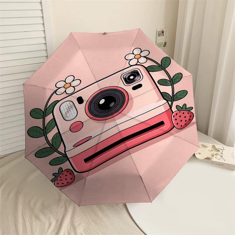 

1pc Camera Strawberry Automatic Open/Close Umbrella Compact Folding Umbrella with 8-Rib Shaft for Women/Men, Portable Travel Umbrella,1197S