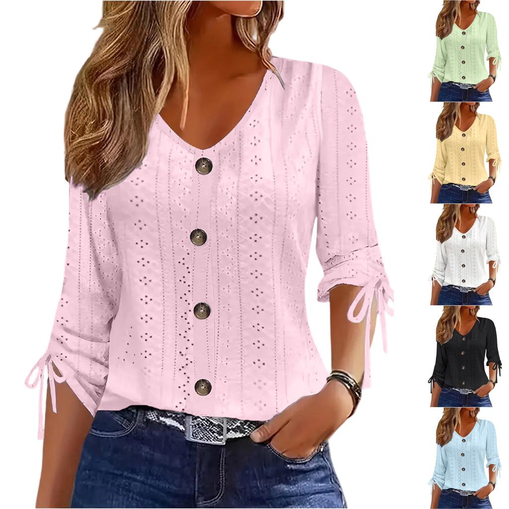 Damen V-Ausschnitt Knopfleiste Strickoberteil Mittellange Ärmel Strukturmuster Dehnbarer Sitz Leichtes Pullover-Shirt für Freizeitkleidung