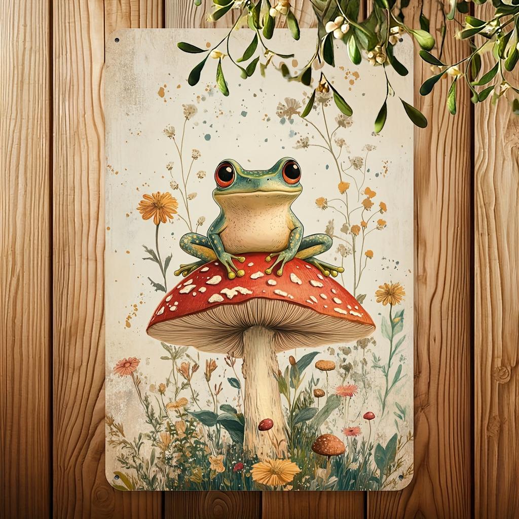 Vintage Mushroom & Frog Metal Tin Sign | Durable Iron Wall Art for Home & More | Easy-Hang Decor for Parties & Events