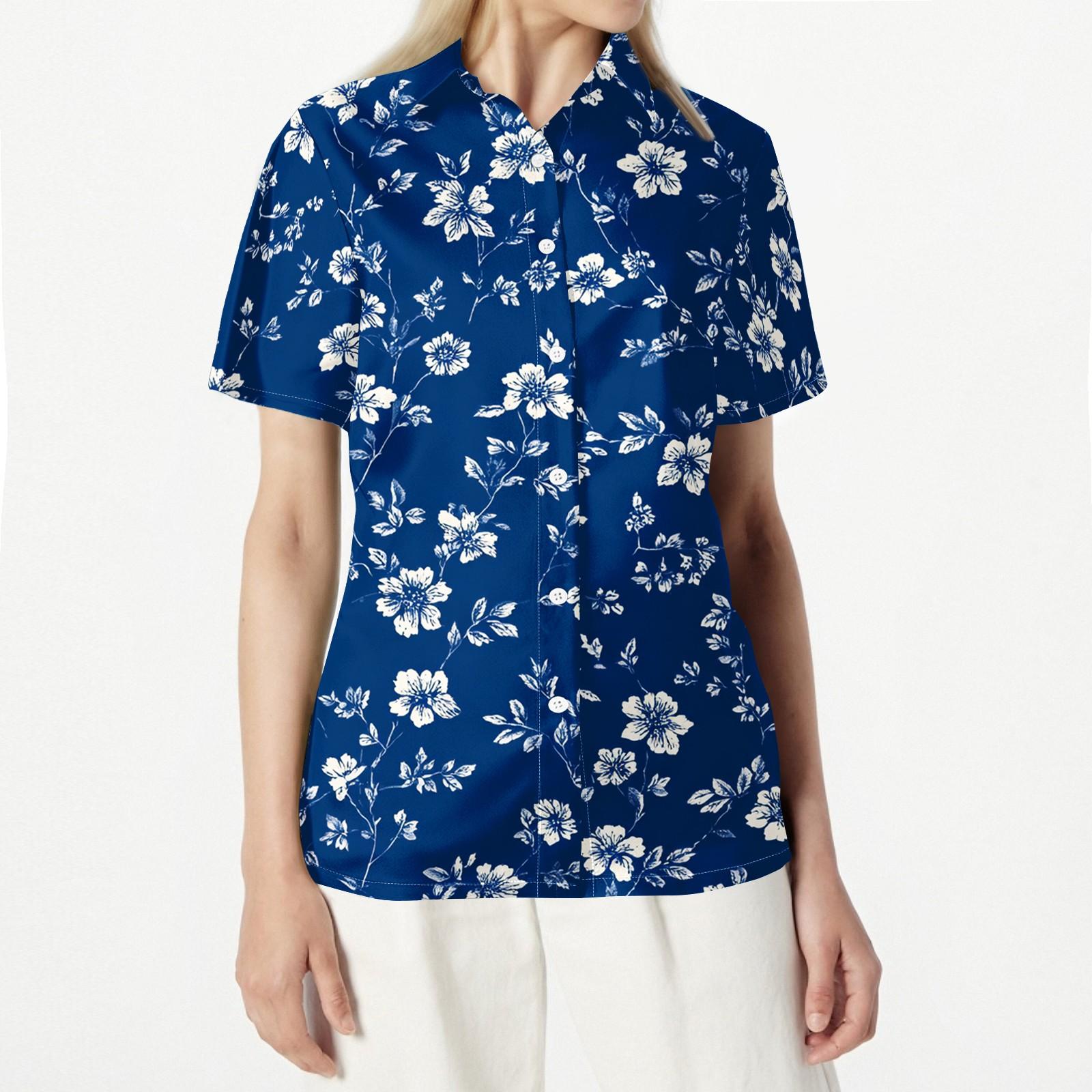 Womens Casual Floral Print Short Sleeve Button Down Shirt Lightweight Loose Fit Collared Blouse Summer Top S синий