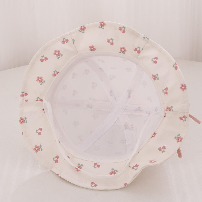 Cute Bow Baby Girl Bucket Hat Sweet Flower Cherry Print Cotton Newborn Infant Fisherman Cap Drawstring Adjustable Toddler Sun Hats