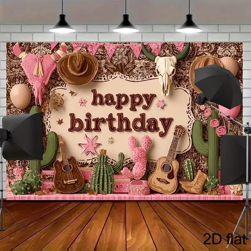 2D Pink Brown Country Cowboy Hat Boot Birthday Photography Backdrop Decor