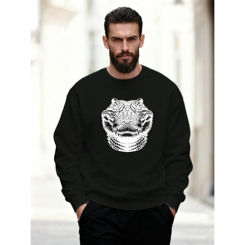 Men'S White Crocodile Head Pattern Casual Crew Neck Sweatshirt