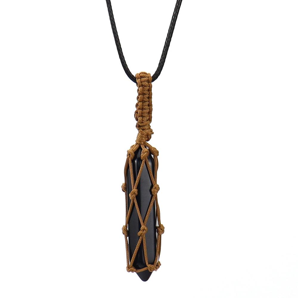 Hand-Woven Double-Pointed Hexagonal Prism Crystal Rough Stone Natural Stone Brown Mesh Pocket Necklace N712
