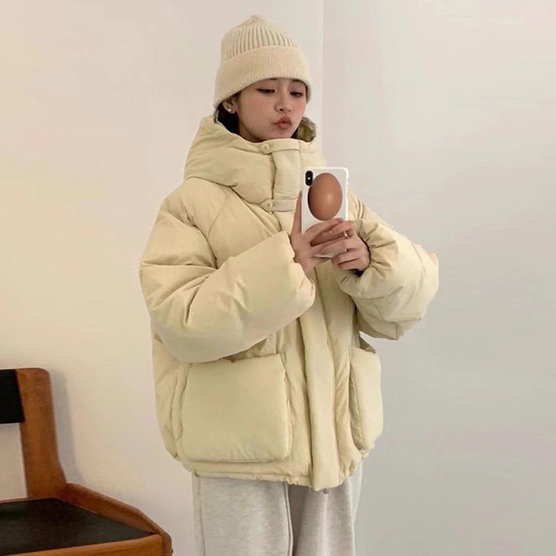 

Корейский пуховик женский 2025 зима с капюшоном утолщенный повседневный пух белой утки теплый модный хлебная одежда тренд One Size кремовый